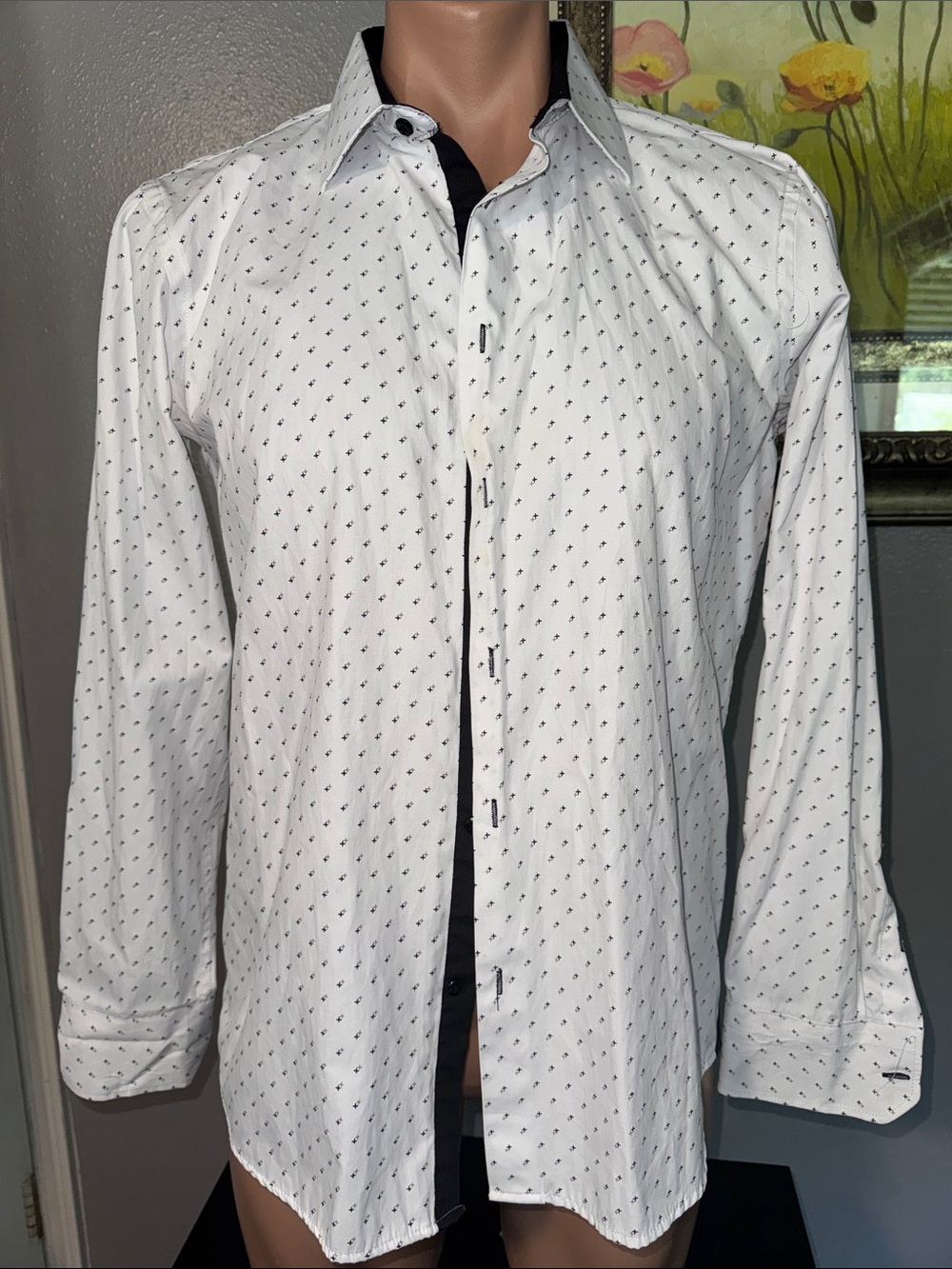 Slim-Fit White Micro-Print Dress Shirt with Black Contrast